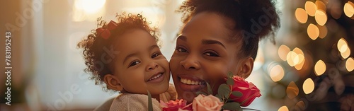 Joyful Black Girl Presenting Flowers and Card to Celebrate Her Mother s Success