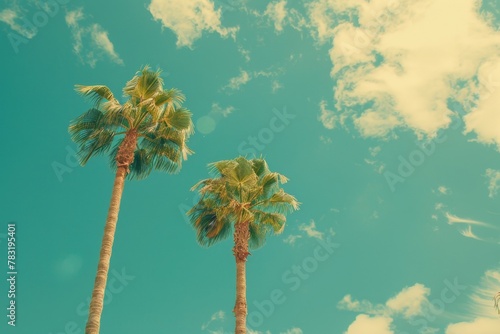 Low angle view of tropical coconut palm trees with clear blue sky - AI Generated. Beautiful simple AI generated image in 4K, unique. © ArtSpree