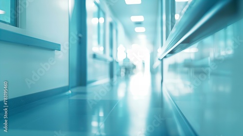 hospital corridor blurred background, copy space, light blue color tone, close up shot