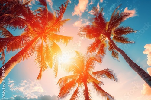 Low angle view of tropical coconut palm trees with clear blue sky - AI Generated. Beautiful simple AI generated image in 4K, unique.