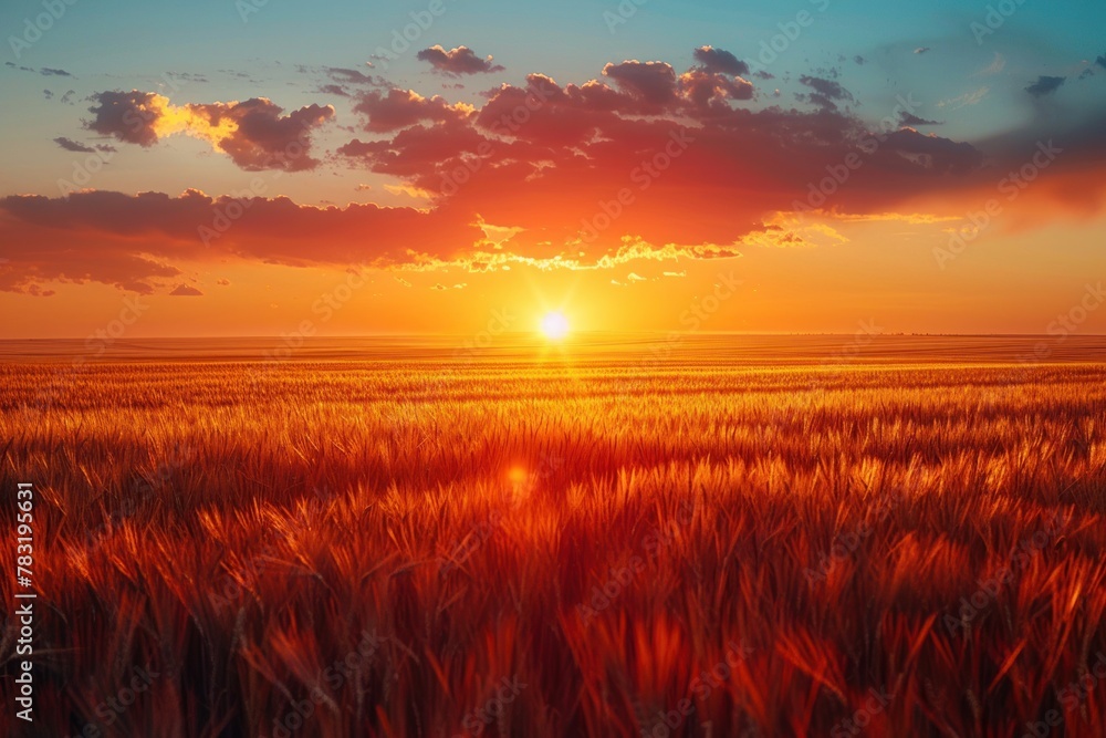 Sun setting in the background of a vast wheat field - obrazy, fototapety, plakaty 