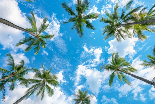 Coconut palm tree sunlight in summer - clouds with blue sky background. Vintage color tone effect. Beautiful simple AI generated image in 4K, unique.
