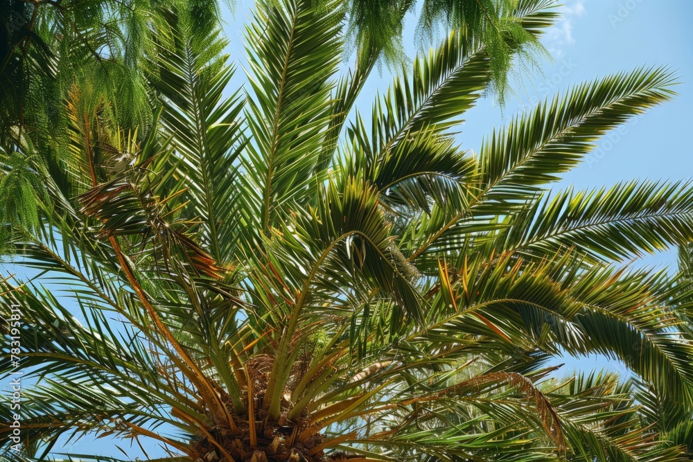 Coconut palm tree sunlight in summer - clouds with blue sky background. Vintage color tone effect. Beautiful simple AI generated image in 4K, unique. Coconut palm tree sunlight in summer - clouds with blue sky background. Vintage color tone effect. Beautiful simple AI generated image in 4K, unique.
