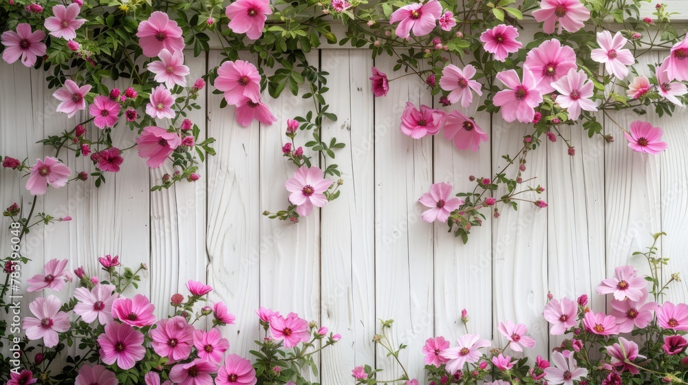 Pink Floral Background on White Wooden Planks