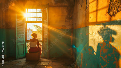 Photojournalistic image of a young. woman sitting in an empty apartment in Cuba. Soft warm sunlight streaming in as she sits and watches the world go by. Chipped, peeling paint. photo