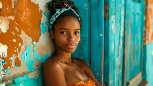 Vibrant portrait of a confident young woman in Cuba. Soft warm sunlight and colorful architecture.