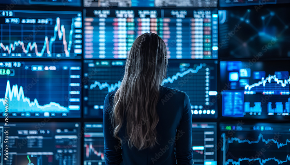 Businesswoman looking at monitors with stock market data on the screen.Businessman Surrounded by Screens Displaying Stock Market Graphs Businesswoman looking at monitors with stock market data on the screen.Businessman Surrounded by Screens Displaying Stock Market Graphs