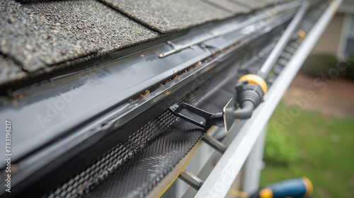 Roof and gutters cleaning. Specialized equipment and tools used in gutter cleaning photo