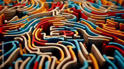 Abstract illustration of high angle of wooden maze with colourful narrow paths in blue and red with yellow colours