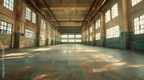 Wide-angle view of an empty  grunge-laden hall in a once-bustling electronic devices factory