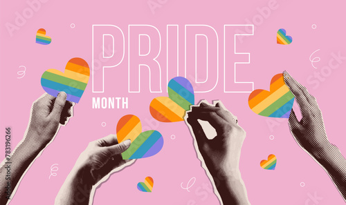 Pride Month collage concept. Torn out paper halftone hands holding rainbow hearts in retro mixed art style for the design of LGBT events, invitations, cards. Vector illustration.