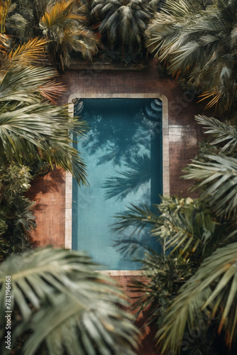 Top view of swimming pool. Palms around. Summer vacation in tropical hotel resorts or villa photo