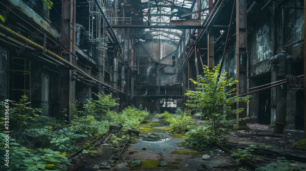 Fading echoes of industry, an abandoned factory's ruins captured in the twilight Fading echoes of industry, an abandoned factory's ruins captured in the twilight