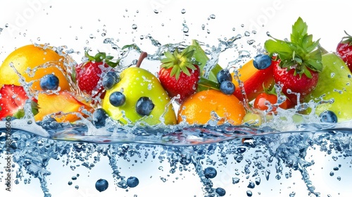 Fresh fruits and vegetables splash  healthy diet nutrition concept on white background