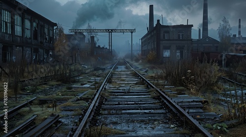 Ghostly train tracks crossing over a forsaken factory, the echoes of activity long ceased photo