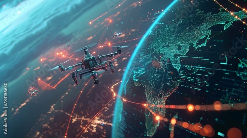 Futuristic visualization of information exchange flows, with drones and global maps intertwining