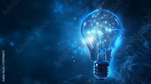 Abstract light bulb with glowing electric energy and blue background. innovation concept, copy space