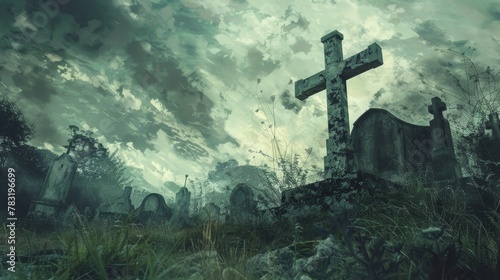 Faded cross leaning over weather-beaten tombs, whispering tales of the past under a fading sky photo