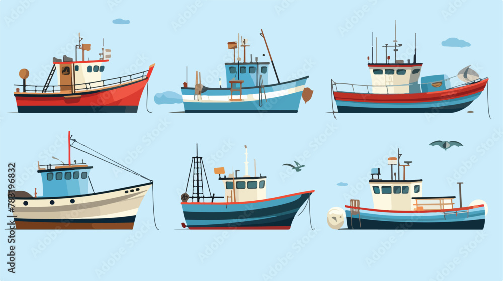 Fishing boats set. Traditional fisherman trawlers s