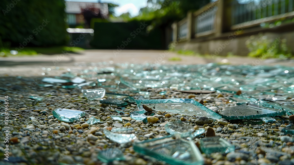 Broken glass on the ground of different size and shape. car crash or burglary