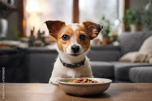 Jack Russell dog climbs onto the table and eating food from bowl