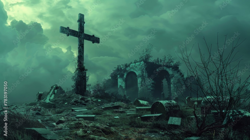 Naklejka premium A lone, dilapidated cross amid crumbling tombs, under the watchful eyes of twilight