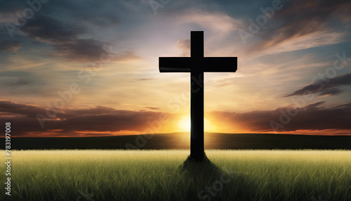The silhouette of a solitary cross stands against a striking sunset, evoking a sense of peace and spiritual reflection over a field.