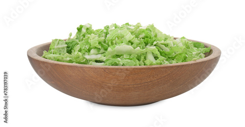 Shredded fresh Chinese cabbage in bowl isolated on white