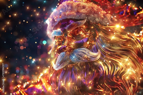 Colorful Santa Claus woven from shining lights and twinkling reflections of light, disco santa, Christmas-themed illustration