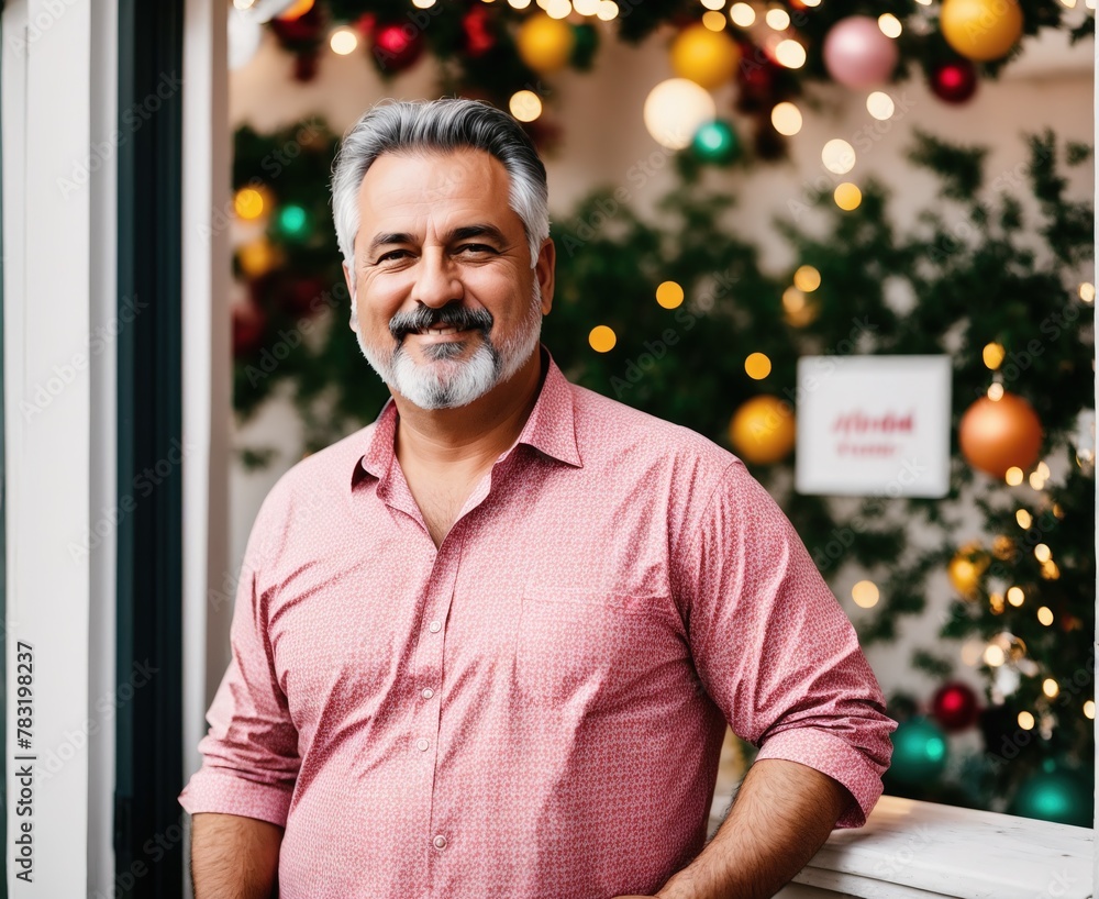 Man in Pink Shirt Smiling in Front of Christmas Decorations Man in Pink Shirt Smiling in Front of Christmas Decorations