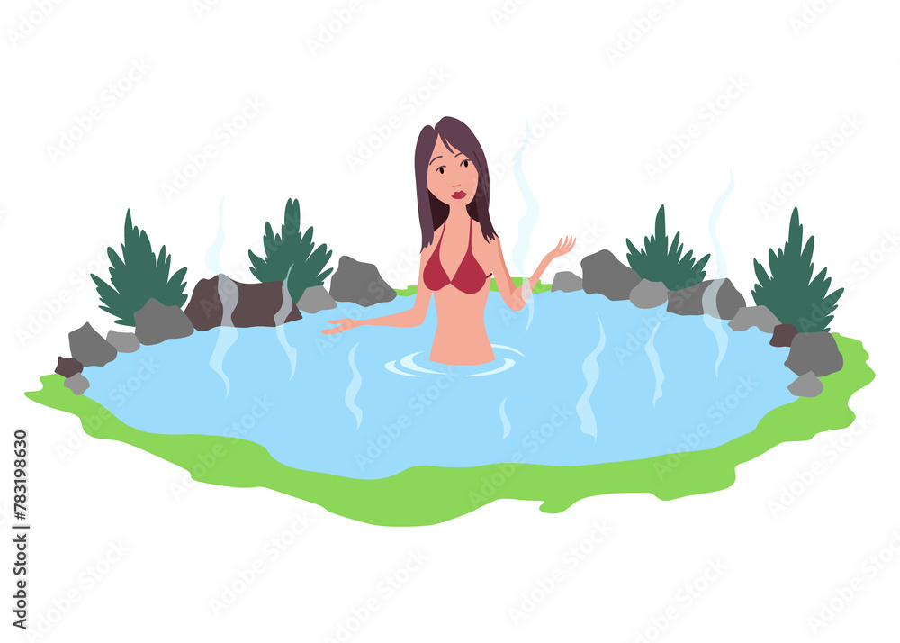 Hot springs pool. People enjoying thermal spa water in winter, flat  illustration. Mountain onsen, japanese natural hot springs resort. Relax, recreation