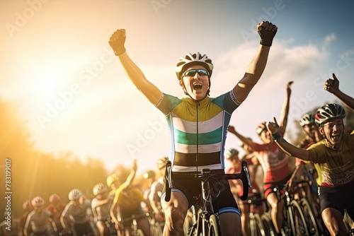 Cyclist celebrating victory in a bike race photo