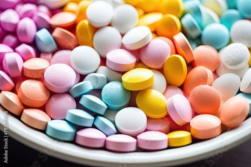 Assortment of colorful pills on a plate