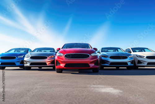 Row of new cars at dealership lot against the sky. Close-up