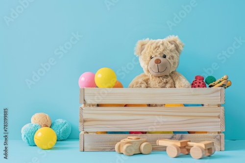 Baby kid toy box with teddy bear and educational wooden toys on light blue background