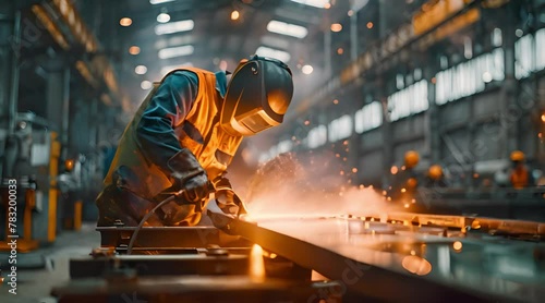 A welder in protective gear is performing welding work with sparks flying in an industrial setting. Industrial Welder at Work in a Manufacturing photo