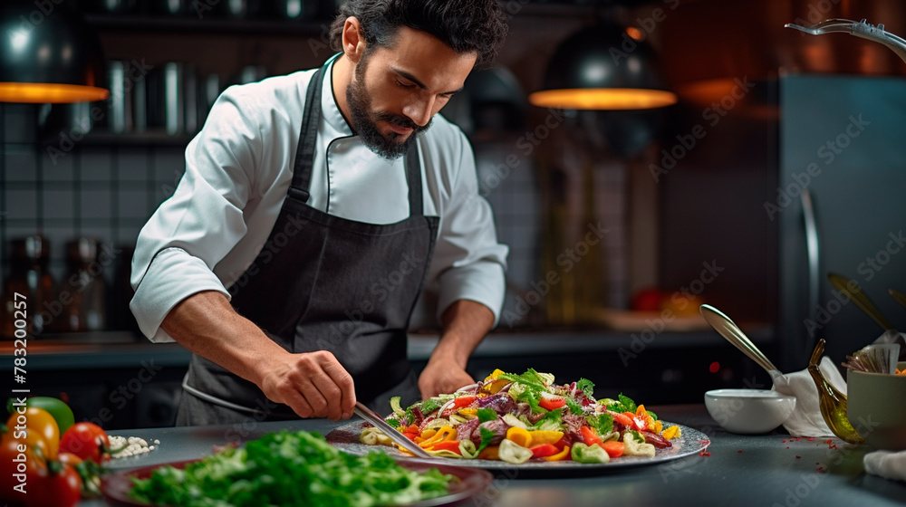 handsome chef preparing food in the kitchen handsome chef preparing food in the kitchen