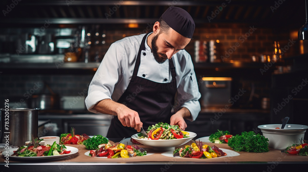 handsome chef preparing food in the kitchen handsome chef preparing food in the kitchen