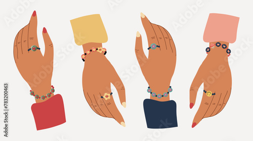 Hands with bracelet accessories, rings, jewelry. vector 
