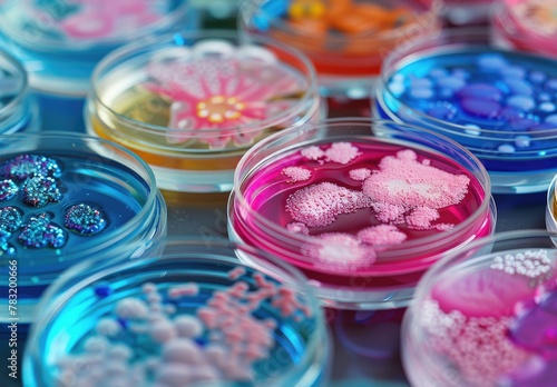Vibrant microbial growth patterns observed in a laboratory setting, with each Petri dish displaying unique biological art.