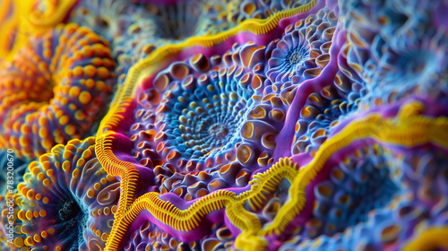 Kaleidoscope of sea life: Vibrant corals with hypnotic spiral patterns and striking yellow margins