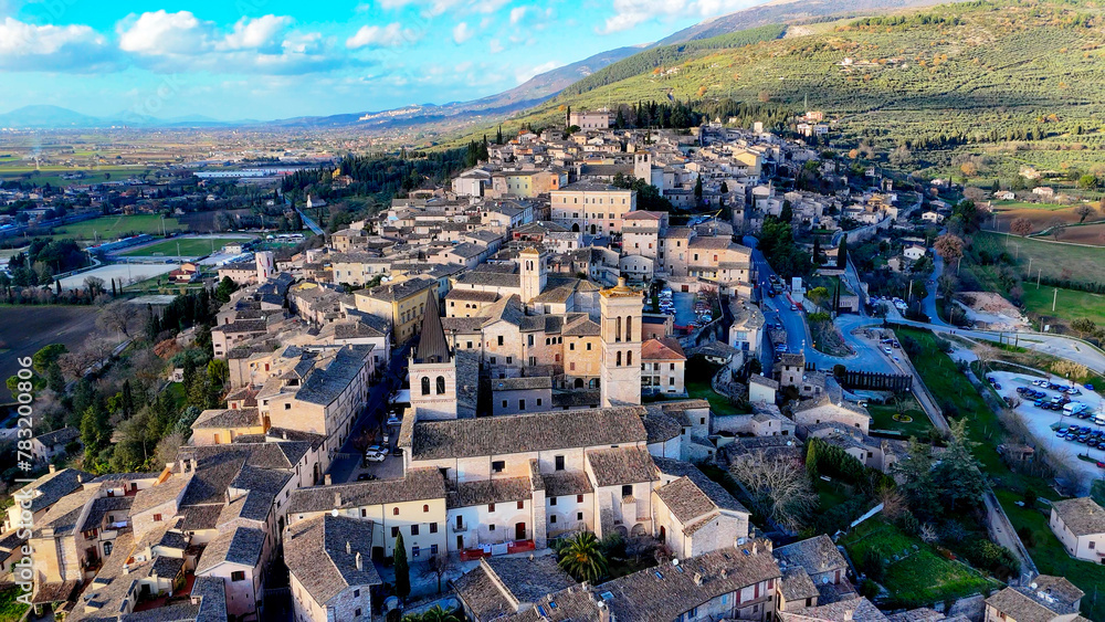 Aerial pictures made with a dji mini 4 pro drone over Spello, in Umbria, Italy.