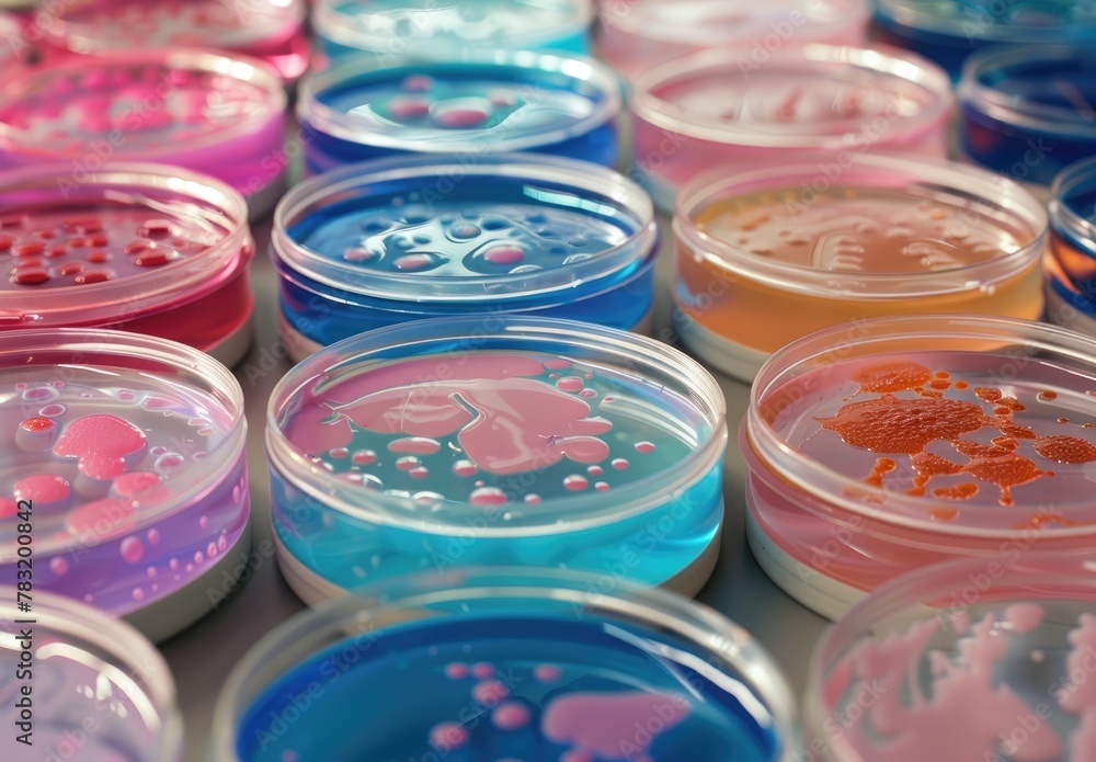 Close-up view of various colorful bacterial cultures grown in Petri dishes, showcasing biological patterns and textures. Close-up view of various colorful bacterial cultures grown in Petri dishes, showcasing biological patterns and textures.