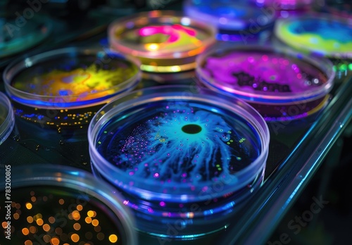 A variety of bacteria cultures flourishing in laboratory dishes, bathed in light that enhances their intricate details and colors. photo