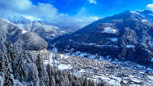 Aerial pictures made with a dji mini 4 pro drone over Pinzolo, in the Dolomites, Italy.