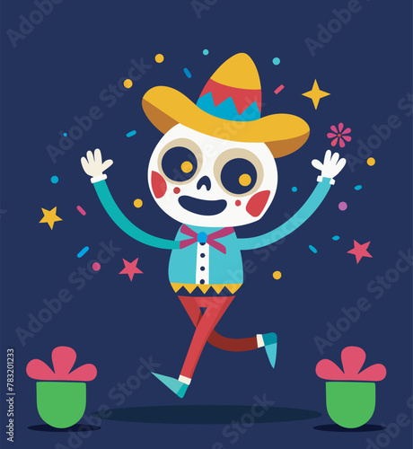 Dancing skeleton. Dia de los muertos. Dead day party  sugar skull. Cinco de mayo vector illustration for wishes  greeting  advert