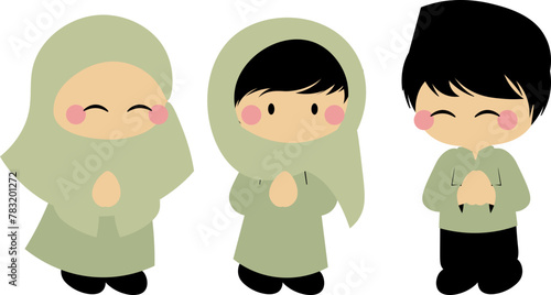 a group of cute girl girl and boy saying happy ramadhan and eid fitr eid adha, chibi laki laki dan perempuan mengucapkan selamat ramadhan dan idul fitri idul adha