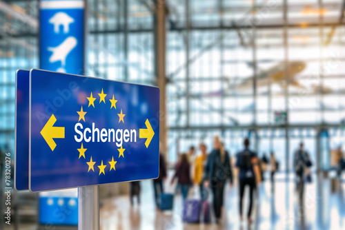 Busy Airport Terminal with Schengen Sign, European Travel Concept with Copy Space