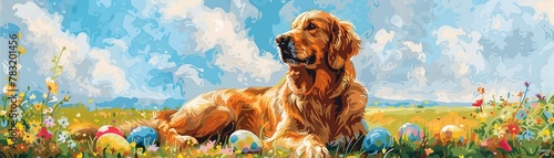 Colorful Easter scene with a Golden Retriever, niji eggs, and watercolor spring blooms under a sunny sky photo