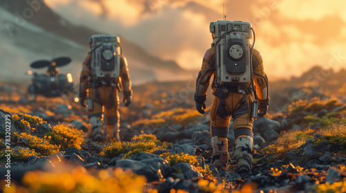 Two astronauts in spacesuits walk toward research station, colony or scientific base on Mars. AI powered rover rides in the background. Space mission. Futuristic colonization and exploration concept. photo